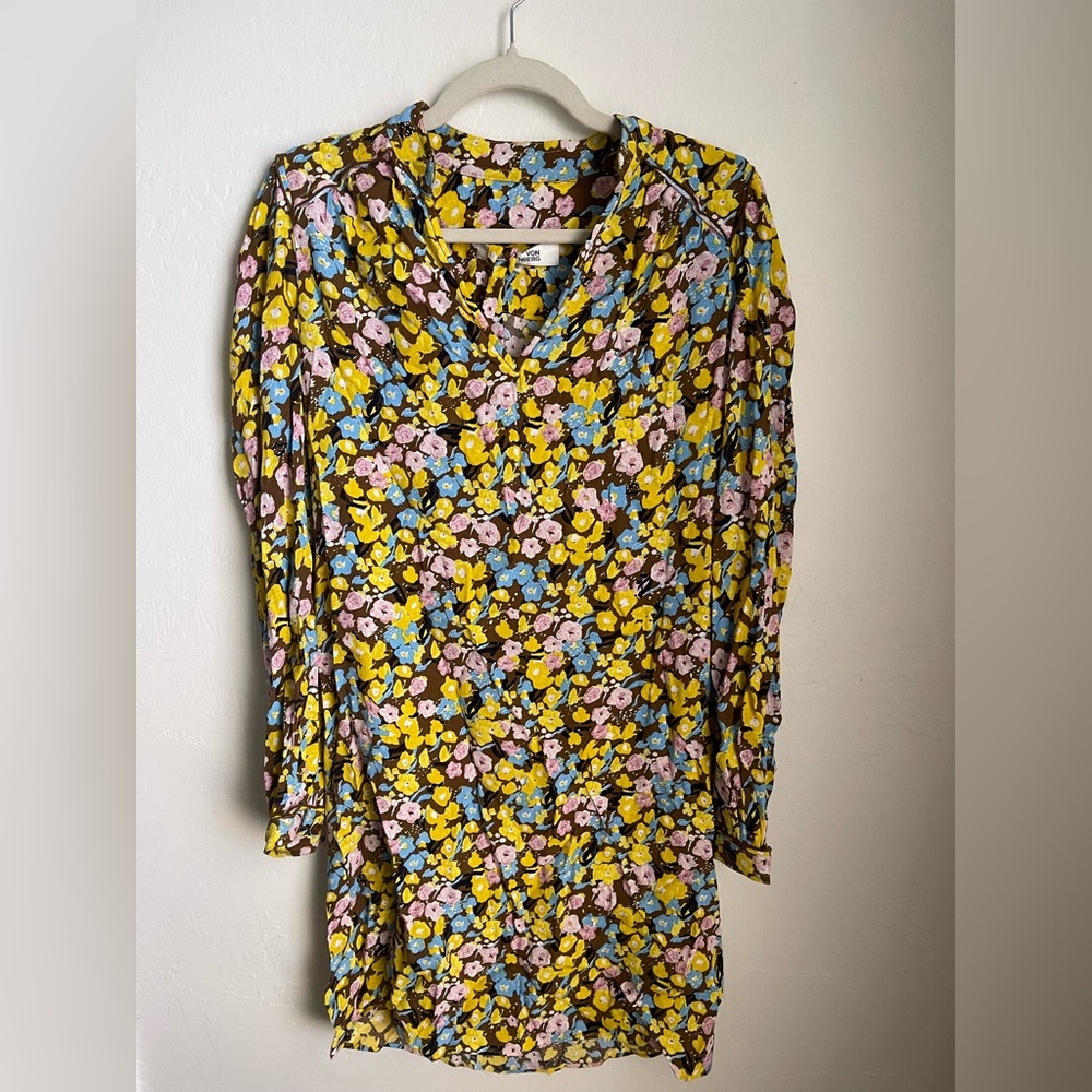 Diane Von Furstenberg Yellow Floral V-Neck Long Sleeve Tunic